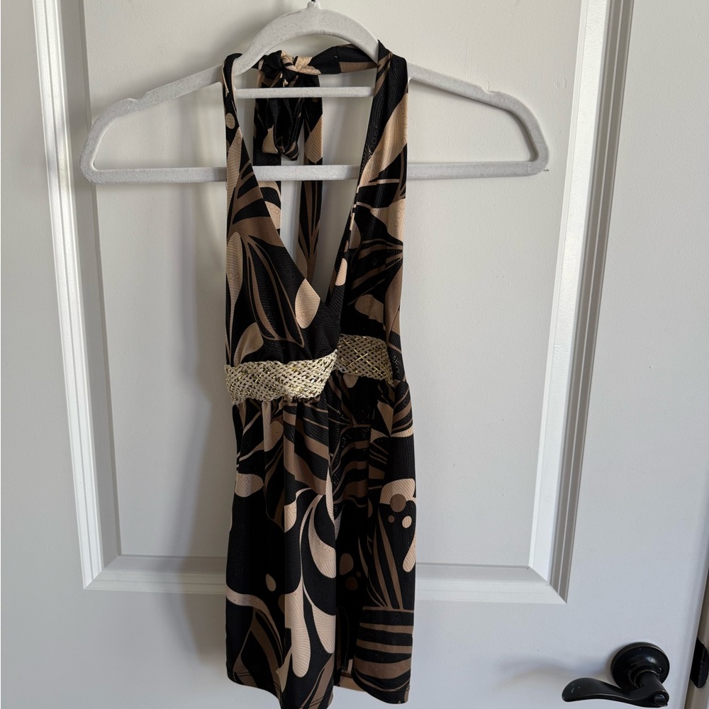 Black and tan halter neck top with tie detail